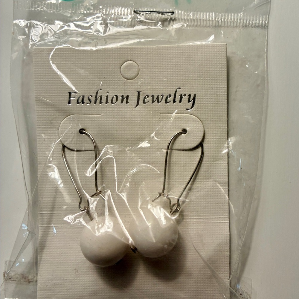 Fashion Jewelry White Bead Drop Earrings with Silver-Tone Hooks